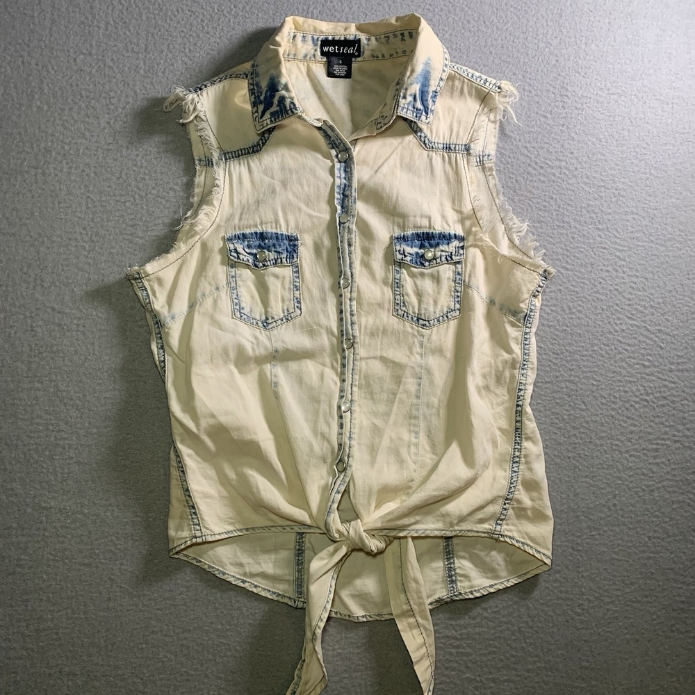Y2K Vtg Wet Seal Classic Denim Shirt S Pearl Snap Cowgirl Shirt Tie Front